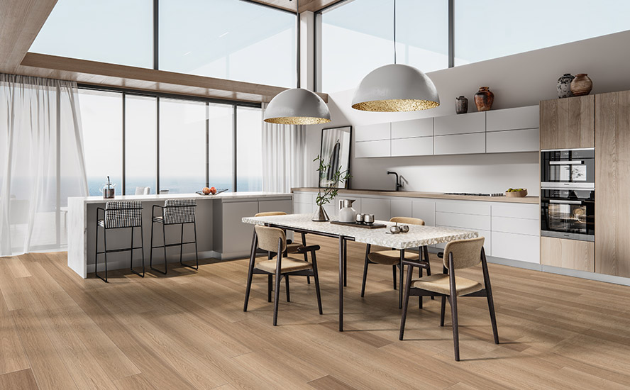 Image showing wood flooring in a modern Scandinavian style kitchen with large open window and natural sunlight.