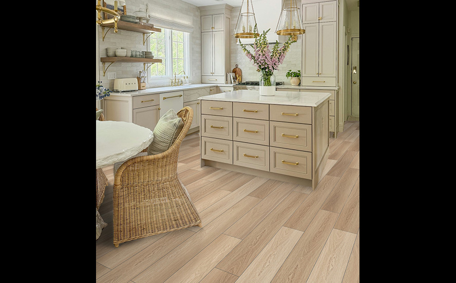 Image showing wood flooring in a modern bohemian style kitchen and dining room.